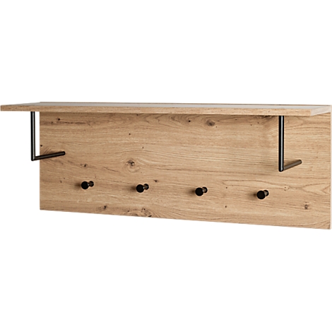 Wandgarderobe aus Holz mit Ablage und schwarzen Haken.