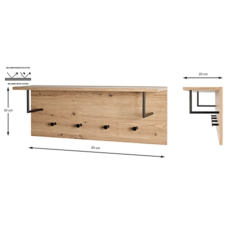 Holzgarderobe mit Metallhaken und Ablage. Maße: 80 cm breit, 30 cm hoch und 20 cm tief.
