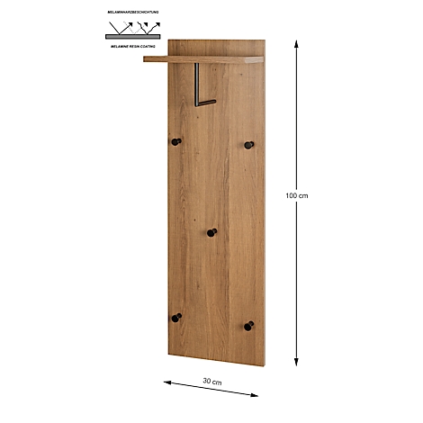 Holzgaderobe mit schwarzen Haken und Regal. Die Gaderobe ist 100 cm hoch und 30 cm breit.