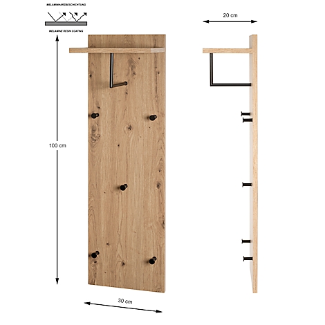 Garderobenpaneel aus Holz mit Haken und Ablage. 100x30cm und 20cm Ablage. Melaminharzbeschichtung.