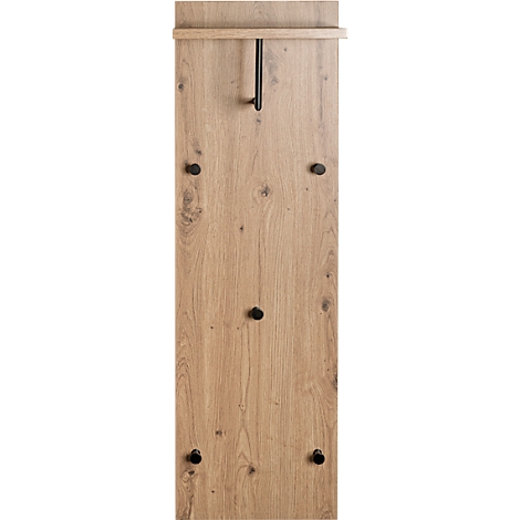 Vertikale Holztafel mit Haken und Ablage; dunkle Holzmaserung, Knäufe, schwarzer Haken.