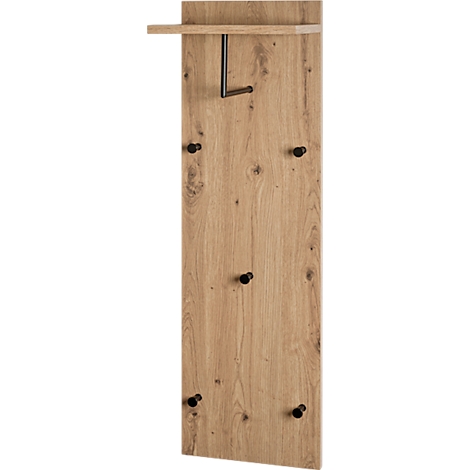 Holzgarderobe mit Haken und Ablage, Wandbefestigung, rustikaler Stil.