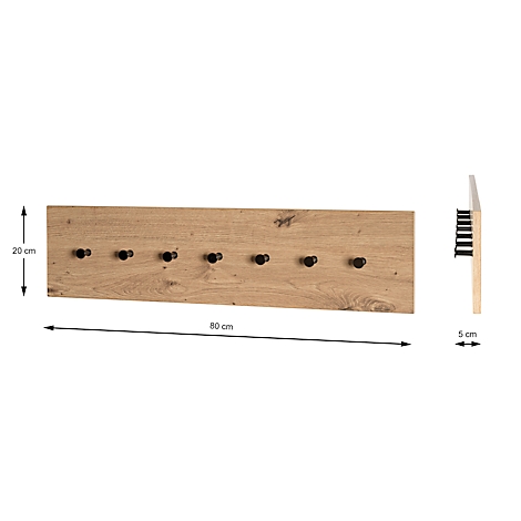 Holz-Wandgarderobe mit sechs Knöpfen, Maßangaben 80x20x5 cm. Braune Holzoptik, schwarze Knöpfe und Seitenansicht.