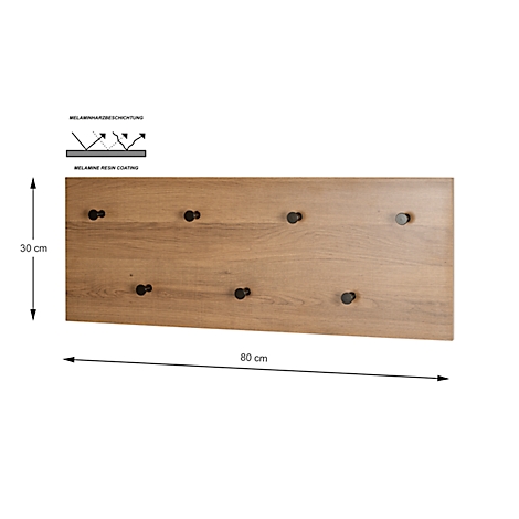 Holz-Wandpaneel mit 8 schwarzen Haken. Maße: 30 x 80 cm. Oben links, Diagramm mit Aufschrift „Melaminharzbeschichtung“.