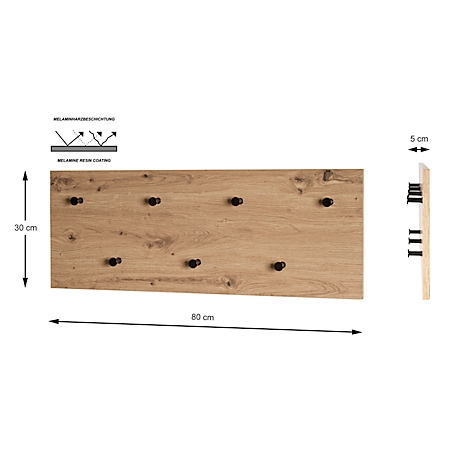 Holz Wandgarderobe mit 8 schwarzen Haken, daneben Seitenansicht mit Abmessungen.