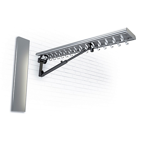 Graue, ausziehbare Gardinenstange an weißer Backsteinmauer. Links eine vertikale Blende.