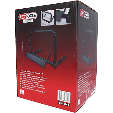 Schwarzer Papiertuchhalter auf einem roten Karton. Darauf Produktabbildungen und Text in mehreren Sprachen.