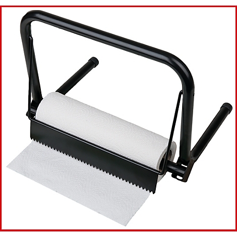 Schwarzer Papierhandtuchhalter mit Rolle und abgerissenem Handtuch.