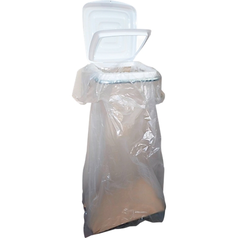 Ein durchsichtiger Plastikmüllsack mit Deckel, gefüllt mit braunem Material, der Deckel ist leicht geöffnet.