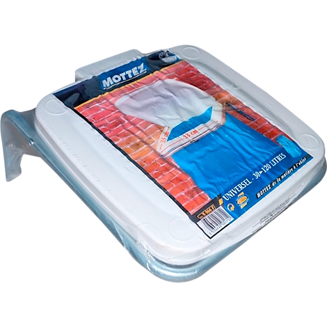 Rechthoekige witte plastic wasbak, verpakt in folie. Afdruk: "Mottez Universel 30-120 liter".