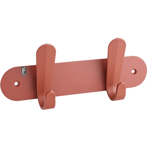 Een roze wandhaak met twee haken, in een rechthoekig ontwerp met afgeronde hoeken. Een merklogo is zichtbaar op het product.