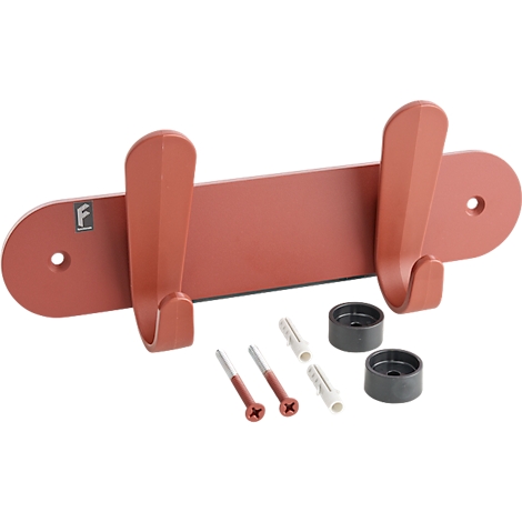 Wandkapstok met twee haken in roestrood, schroeven, pluggen en afdekkingen.