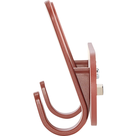 Zijaanzicht van een roodbruine wandhaak. Het heeft een vierkante montageplaat en twee haken.