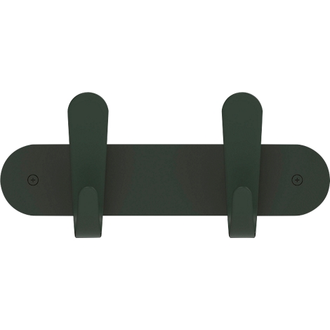 Donkergroene wandhaak met twee haken, gemonteerd op een langwerpig, afgerond bord.