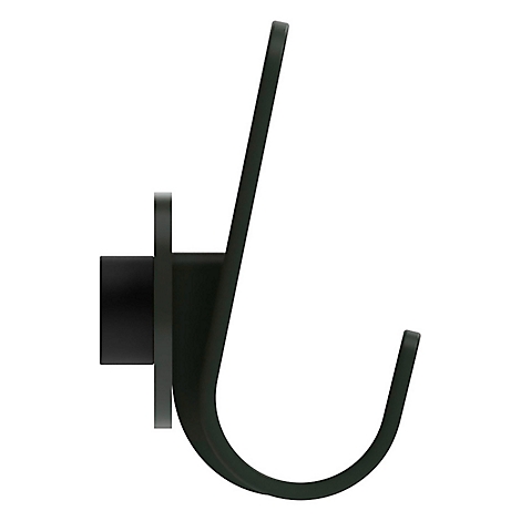 Profiel van een zwarte wandhaak, met een ronde houder en een gebogen haak.