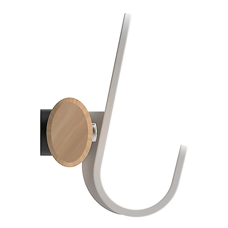 Wandhaak met houten element. Grijze metalen haak met houten schijf als houder. Lichtgrijze gebogen haak.