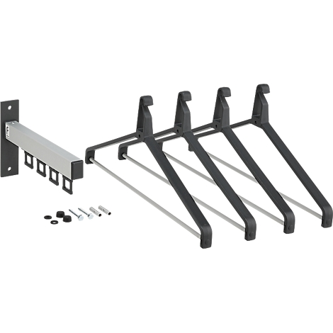 Wandgarderobe met kleerhangers, montageaccessoires en muurbeugel. Zwart-grijs ontwerp, detailweergave tegen een witte achtergrond.