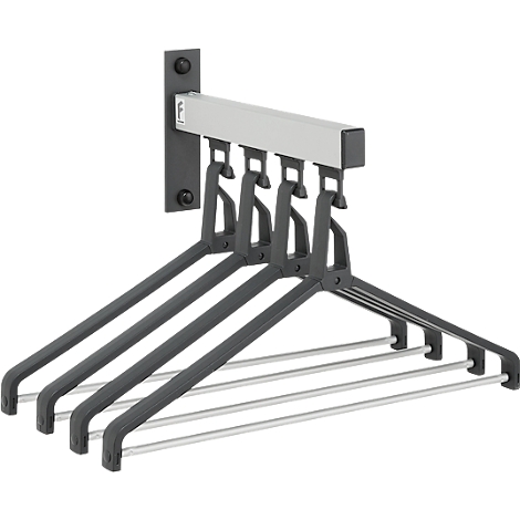 Wandgarderobe met vijf uitschuifbare kleerhangers. Zwarte beugel, zilveren staven.