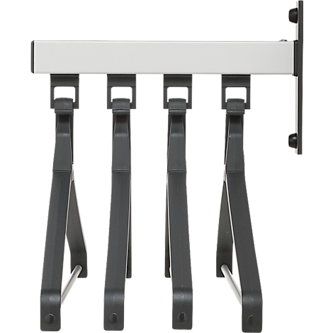 Wandgarderobe met vier zwarte kleerhangers op een lichtgrijze stang.