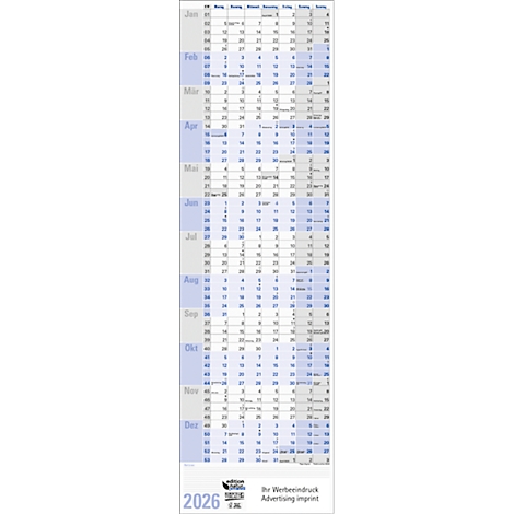 Ein Kalender für das Jahr 2026 mit Monatsübersicht. Das Design ist schlicht und die Farben sind blau und weiß.