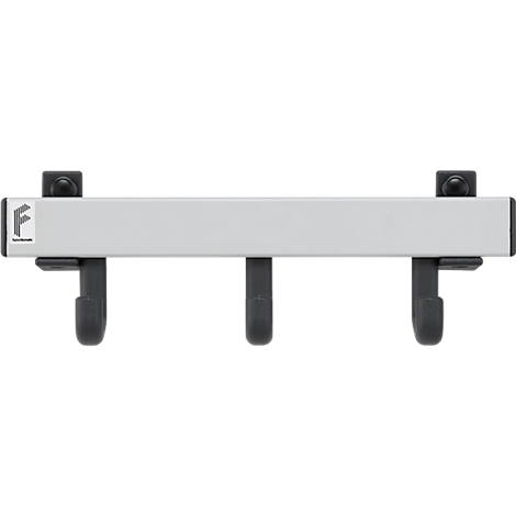 Grijze wandhaak met drie zwarte haken. Het product is afgebeeld tegen een neutrale achtergrond.