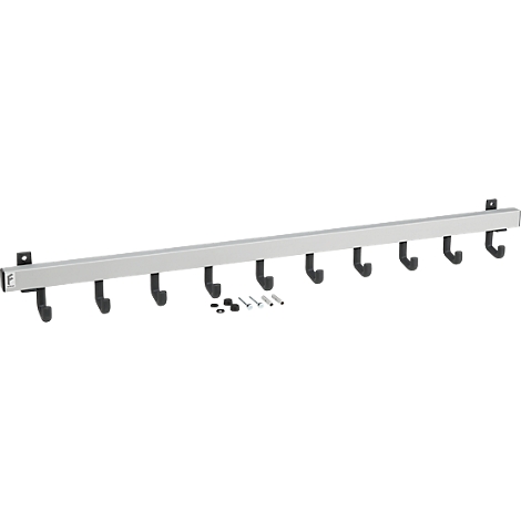 Silberne Garderobenleiste mit neun schwarzen Haken, Befestigungsmaterial.