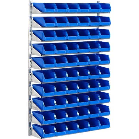 Blau-silbernes Wandregal mit mehreren Reihen blauer Behälter.
