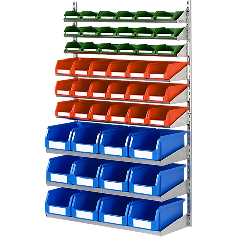 Wandregal mit bunten Kunststoffboxen: Grün, Rot und Blau. Für Lagerung und Organisation.