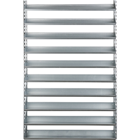 Grijs wandrek met tien planken, vooraanzicht.