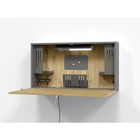 Wandsekretär in Grau- und Holztönen, geöffnet. Innen mit Ablagen, Lampe und Pinnwand. Die Tischplatte ist ausgeklappt.