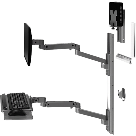 Grijze monitor- en toetsenbordhouder voor aan de muur. De monitor, het toetsenbord en de muis zijn gemonteerd op beweegbare armen.