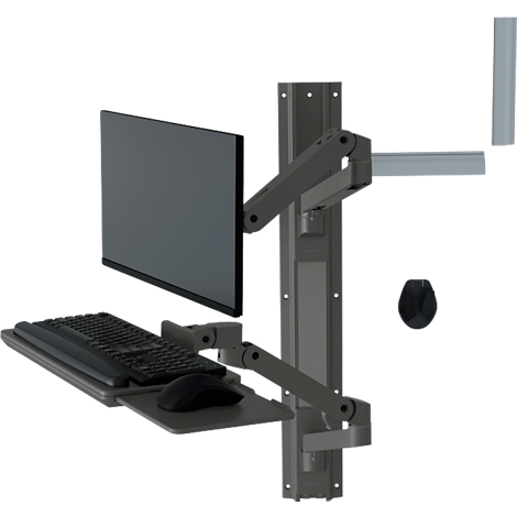 Grijze monitor, toetsenbord en muis op een wandbevestiging. Armen zijn verstelbaar. Donkere achtergrond.