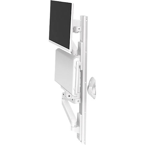 Witte, aan de muur gemonteerde monitor- en laptoparmset. De monitor is zwart, de laptop en houder zijn wit.