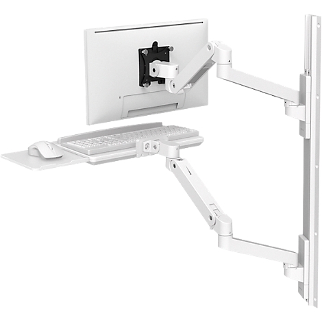 Wit wandmontagesysteem voor monitor, toetsenbord en muis. Het scherm is bevestigd aan een beweegbare arm, het toetsenbord en de muis op een lade.