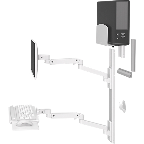 Wit ergonomisch systeem voor scherm, toetsenbord en pc, gemonteerd op een verticale rail.