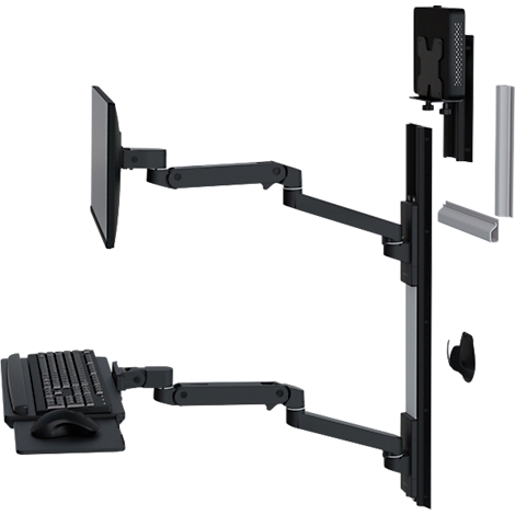 Zwarte monitorbeugel met toetsenbord en muis aan een muur bevestigd. Het scherm en toetsenbord zijn verbonden door armen.