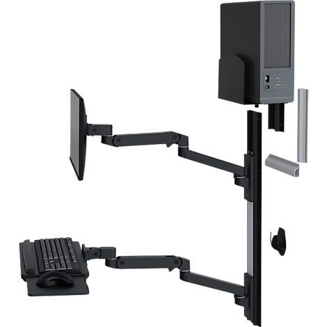 Zwart aan de muur gemonteerd systeem: monitor, toetsenbord en pc-houder. Volledig verstelbaar.