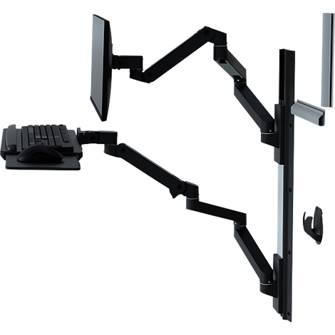 Zwarte monitorhouder met toetsenbord en muis, aan de muur gemonteerd. Beweegbare armen maken aanpassing van hoogte en hoek mogelijk.
