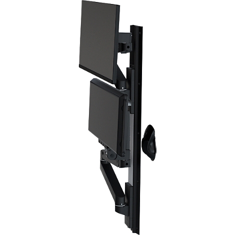 Zwarte dubbele monitorbevestiging, aan de muur gemonteerd, met verstelbare armen.
