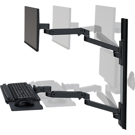 Zwarte monitorbevestiging met toetsenbord en muis. De monitor is bevestigd aan een arm die aan een verticale rail is bevestigd.