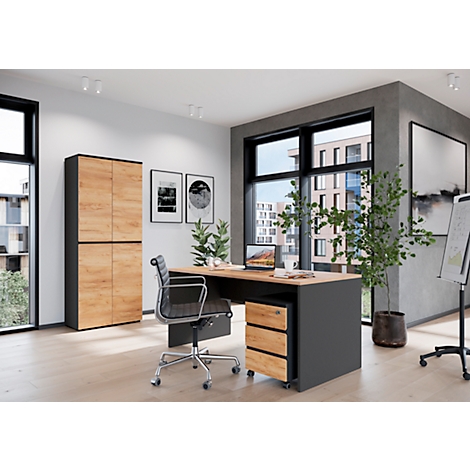 Ein modern eingerichtetes Büro. Im Zentrum ein Schreibtisch mit Stuhl und Rollcontainer. Links ein Schrank, rechts eine Pinnwand. Große Fenster mit Ausblick.