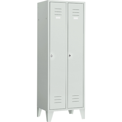 Light gray locker, two doors with ventilation slots, each with a lock and a small plate.