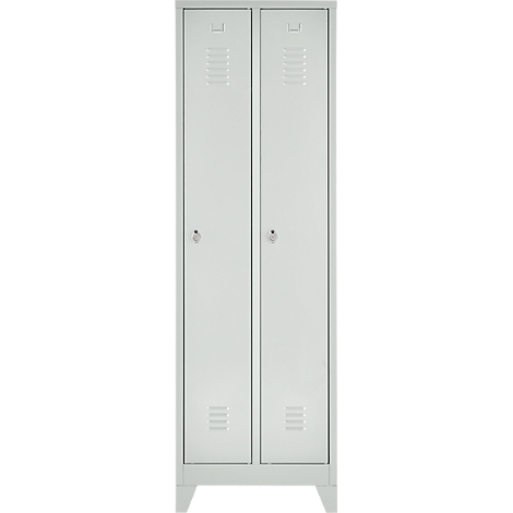 Grey locker with two doors, handles and ventilation slots.