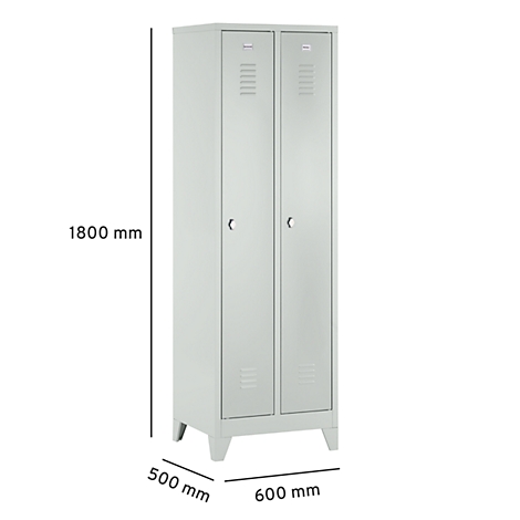 Gray two-door cabinet with dimensions: 1800 mm height, 500 mm depth, 600 mm width.