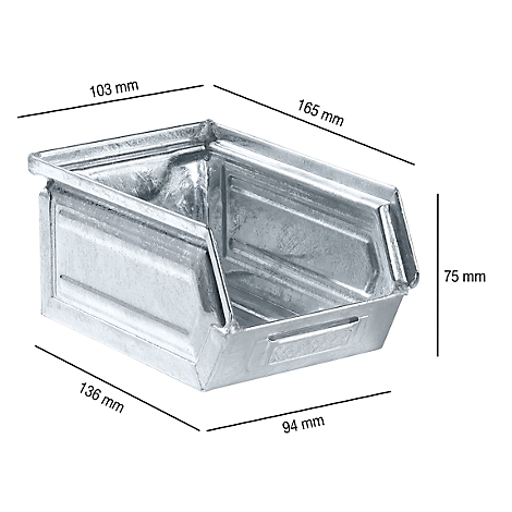 Metal storage box with dimensions: 103 mm, 165 mm, 75 mm, 136 mm and 94 mm. The box is gray and has a bevelled edge.