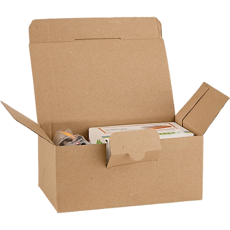 Geöffnete braune Pappschachtel mit Inhalt, darunter eine Produktverpackung. Die Laschen der Schachtel sind geöffnet.
