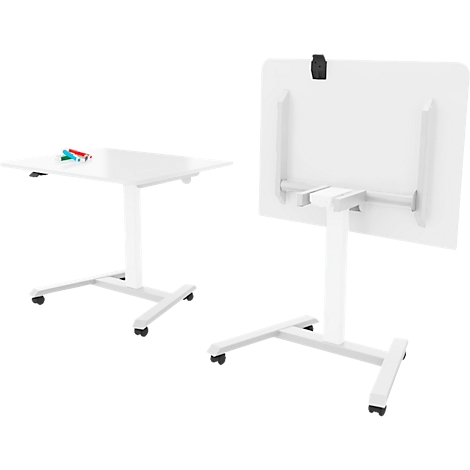 Twee witte, rolbare statafels, één met pennen, één met camera, tegen een witte achtergrond. Beide zijn in hoogte verstelbaar.