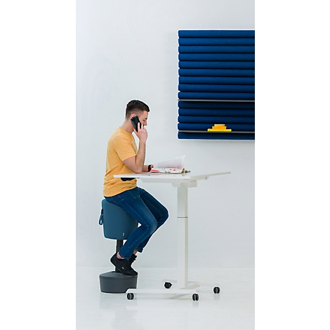 Man aan de telefoon aan zijn bureau. Hij zit op een ergonomische stoel. Blauw akoestisch paneel aan de muur.