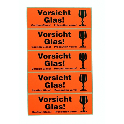 Five orange stickers with "Caution Glass!". Black wine glass symbol on the right, with English and French text below.