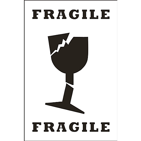Black, broken wine glass symbol with the word FRAGILE, above and below.